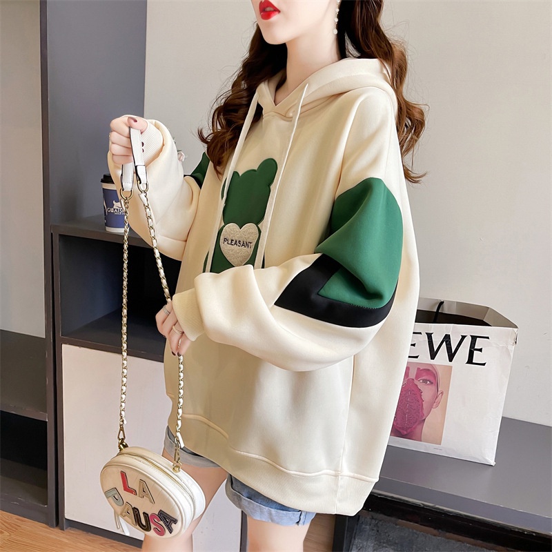Áo hoodie có mũ trùm đầu hình gấu dành cho nữ mùa thu đông dày dặn ấm áp