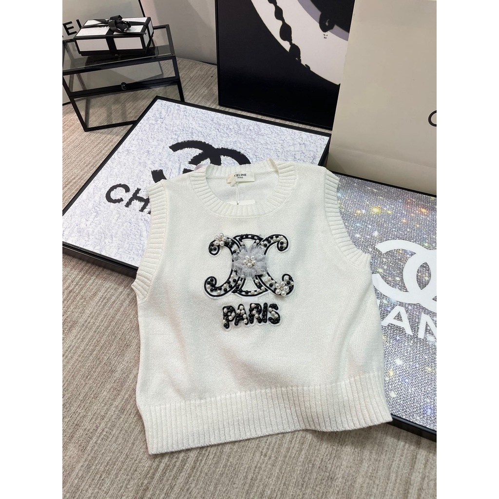 M783 CELINE 2023 autumn and winter New letter embroidery logo Pearl decorative design fashion all-match knitted top women's vest