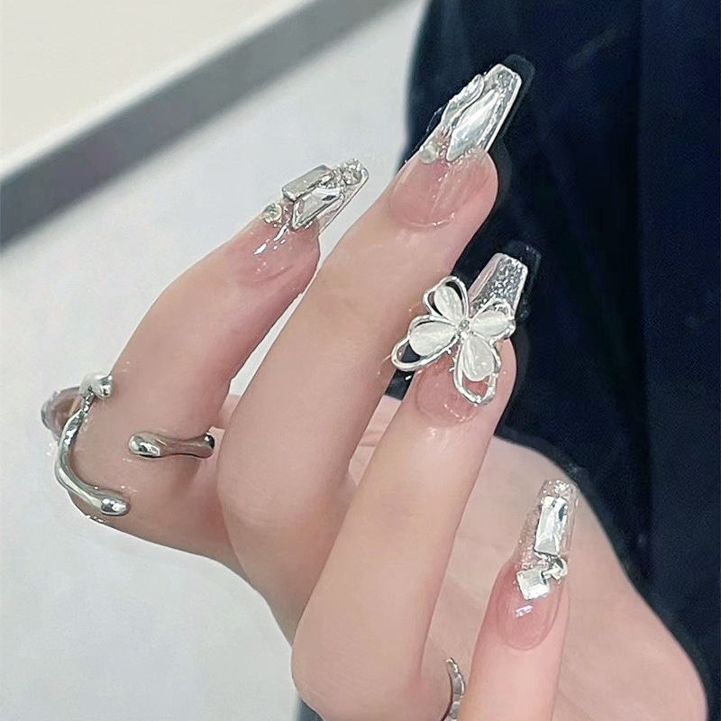 Bộ 24 Móng Tay Giả Bằng Thép Ba Chiều Đính Nơ Sáng Bóng Dùng Một Lần