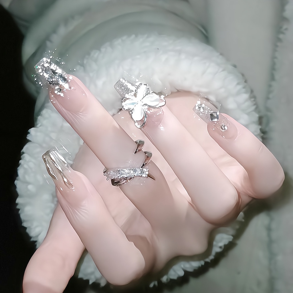 Bộ 24 Móng Tay Giả Bằng Thép Ba Chiều Đính Nơ Sáng Bóng Dùng Một Lần