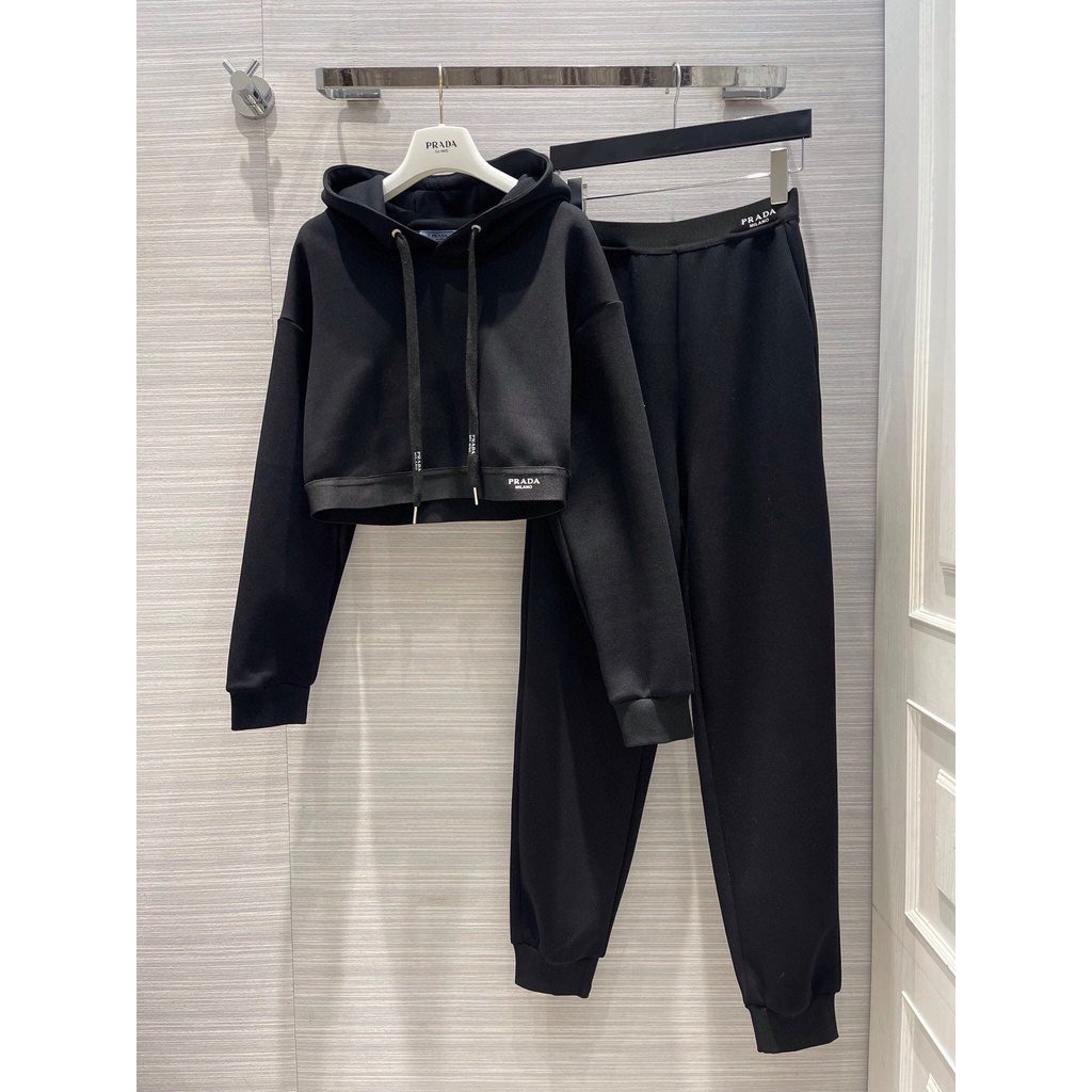 LUCU PRADA 23 autumn and winter New capsule personalized positioning logo ribbon air cotton suit hooded short top trousers