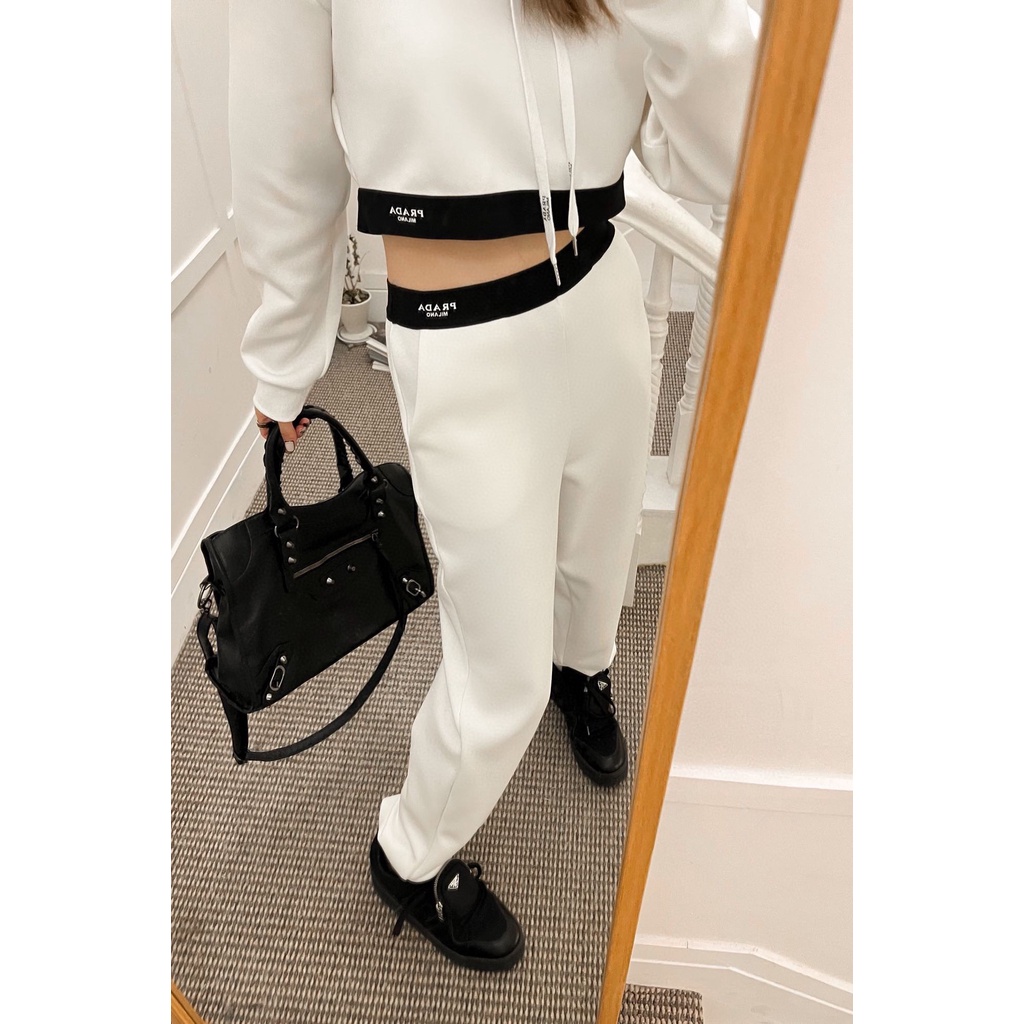 LUCU PRADA 23 autumn and winter New capsule personalized positioning logo ribbon air cotton suit hooded short top trousers