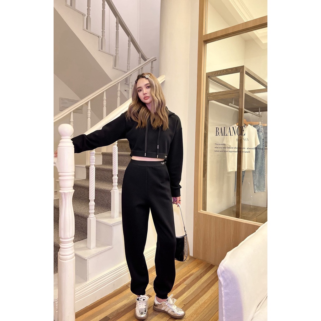 LUCU PRADA 23 autumn and winter New capsule personalized positioning logo ribbon air cotton suit hooded short top trousers