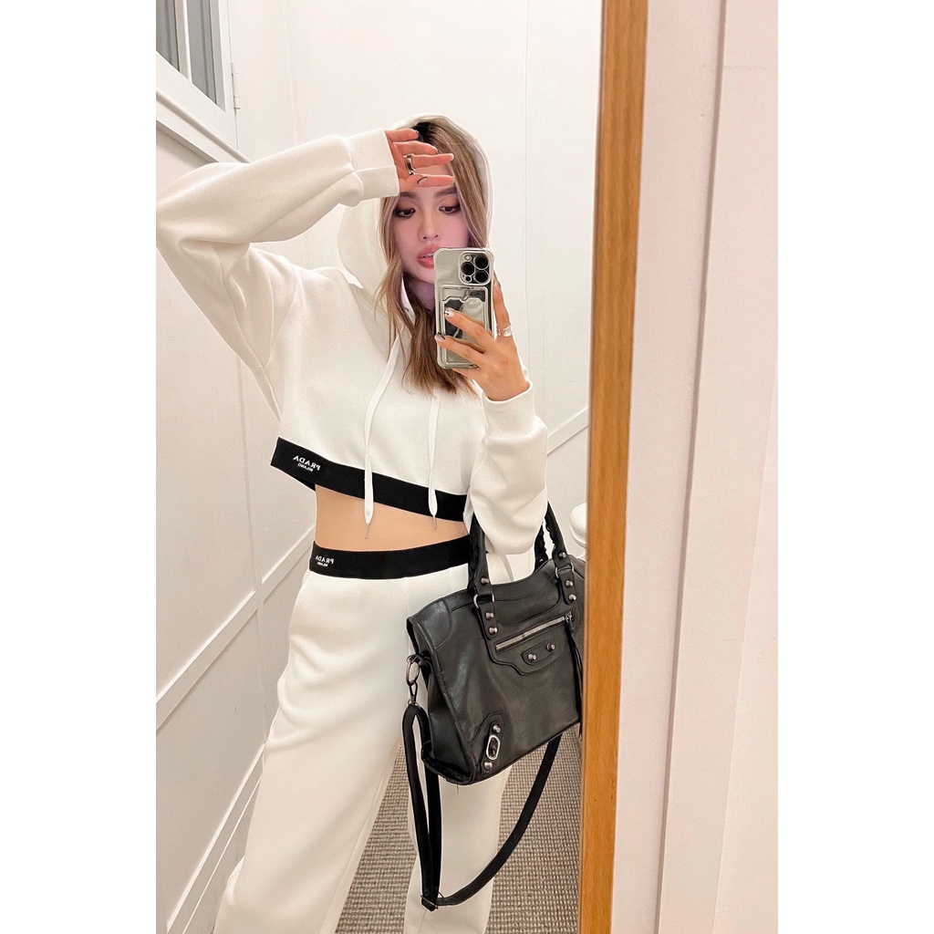 LUCU PRADA 23 autumn and winter New capsule personalized positioning logo ribbon air cotton suit hooded short top trousers