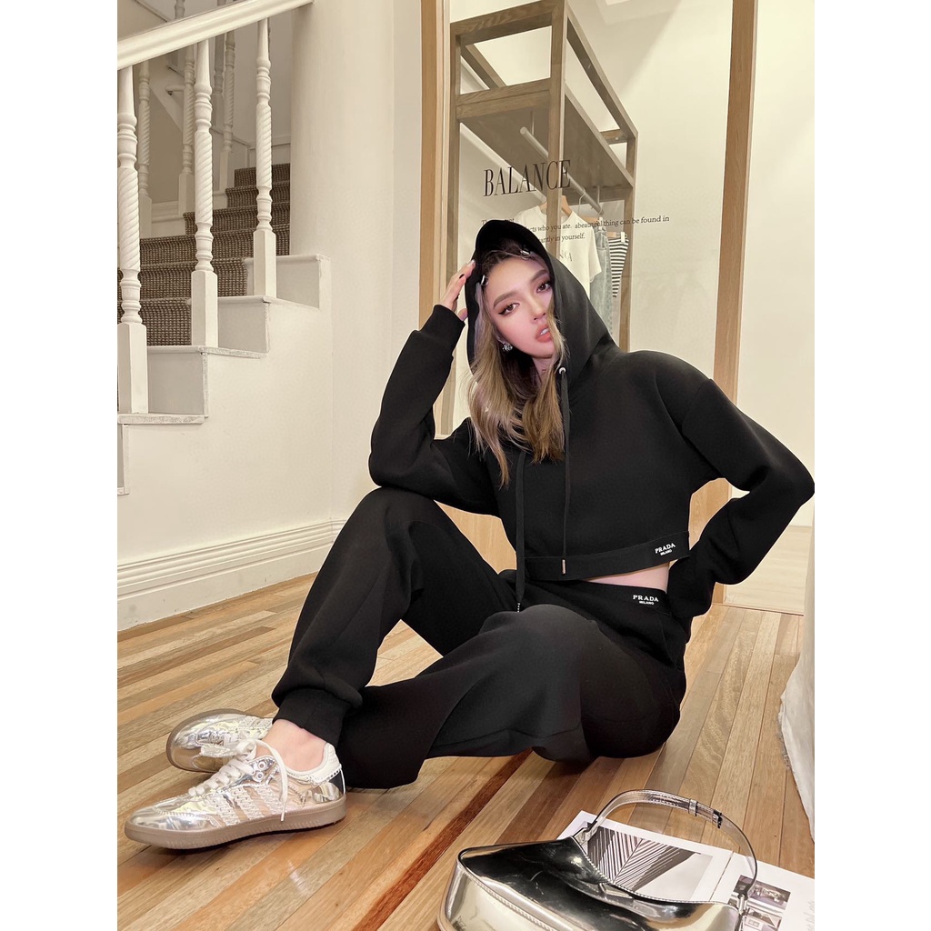 LUCU PRADA 23 autumn and winter New capsule personalized positioning logo ribbon air cotton suit hooded short top trousers