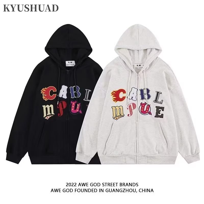 Kyushuad Áo Khoác cardigan Có Mũ Trùm Dáng Rộng Thêu Chữ niche Kiểu retro Mỹ Thời Trang Mùa Thu Cho Cặp Đôi