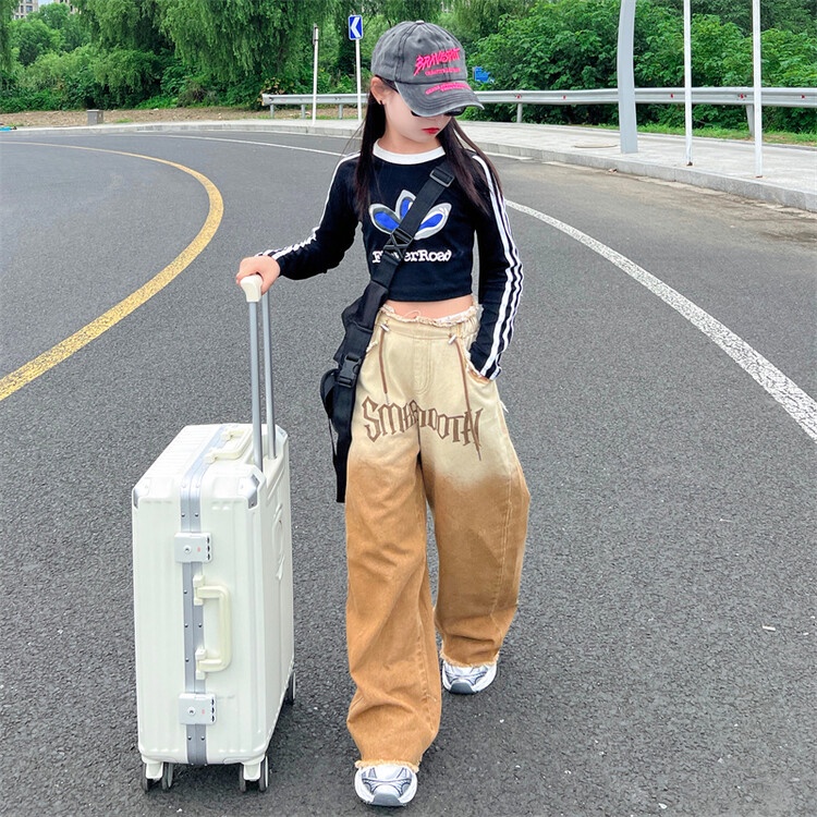 Set Áo Thun Tay Dài Màu gradient Phối Quần Jean Dài Thời Trang Mùa Thu Cho Bé Gái