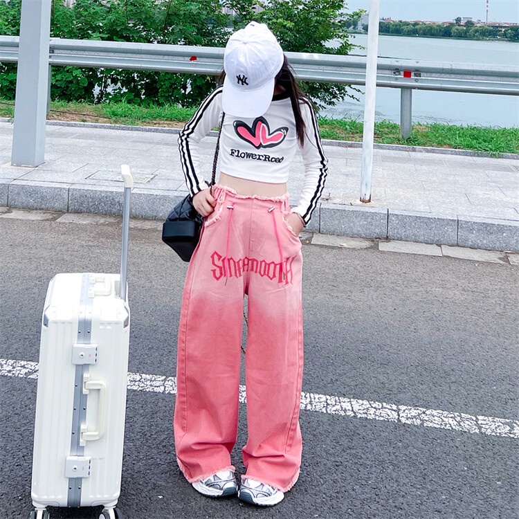 Set Áo Thun Tay Dài Màu gradient Phối Quần Jean Dài Thời Trang Mùa Thu Cho Bé Gái