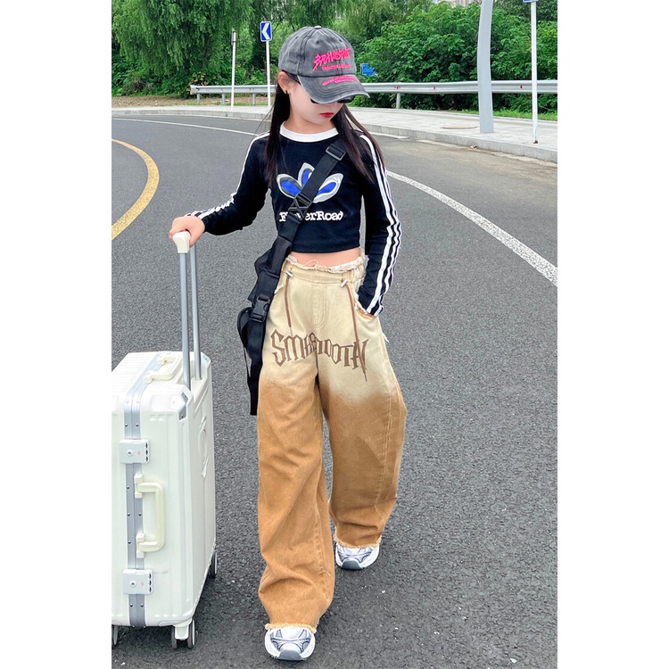 Set Áo Thun Tay Dài Màu gradient Phối Quần Jean Dài Thời Trang Mùa Thu Cho Bé Gái