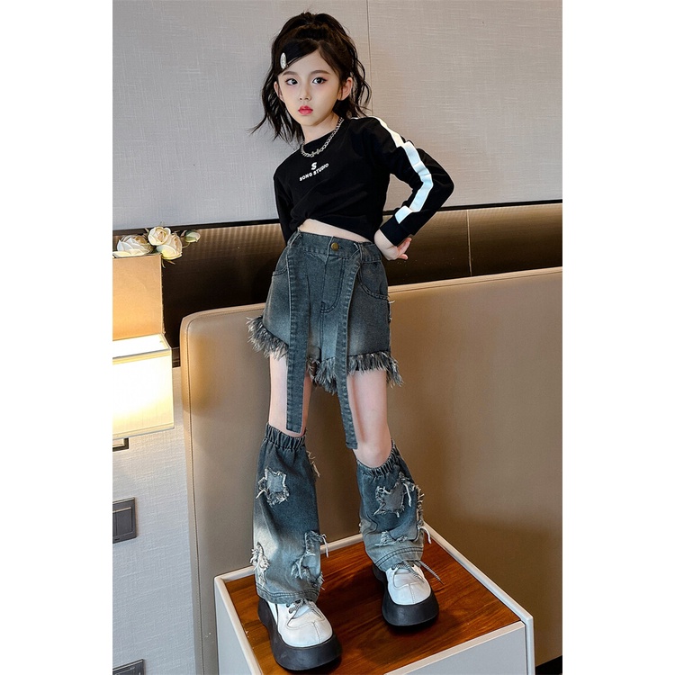 Set Áo Thun Tay Dài Phối Quần jeans Dài Thời Trang Mùa Thu Mới Cho Bé Gái