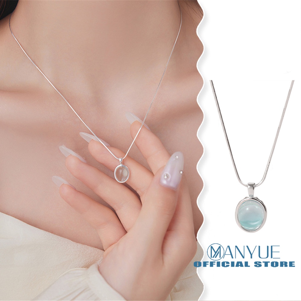 Aquamarine Vòng cổ Mạ Bạc 925 Mặt Hình oval Đính Đá Mặt Trăng Thời Trang Cao Cấp