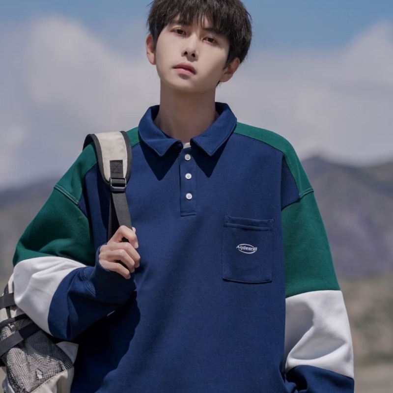 Áo polo Tay Dài Phong Cách harajuku Nhật Bản Đơn Giản Cho Nam Nữ