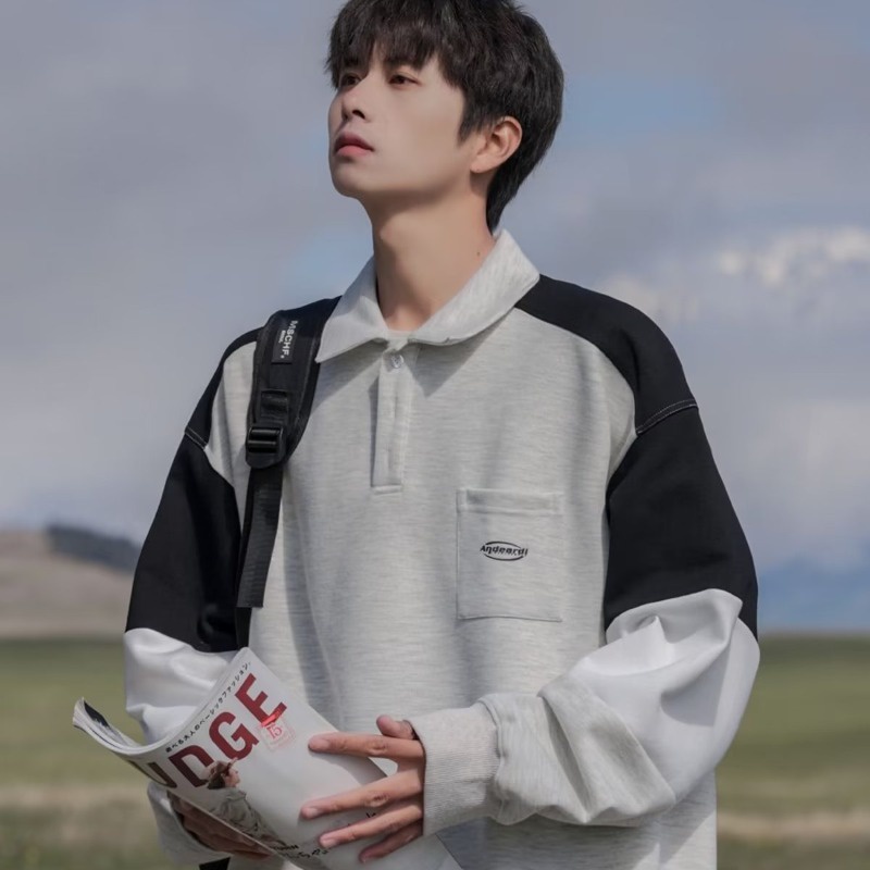 Áo polo Tay Dài Phong Cách harajuku Nhật Bản Đơn Giản Cho Nam Nữ