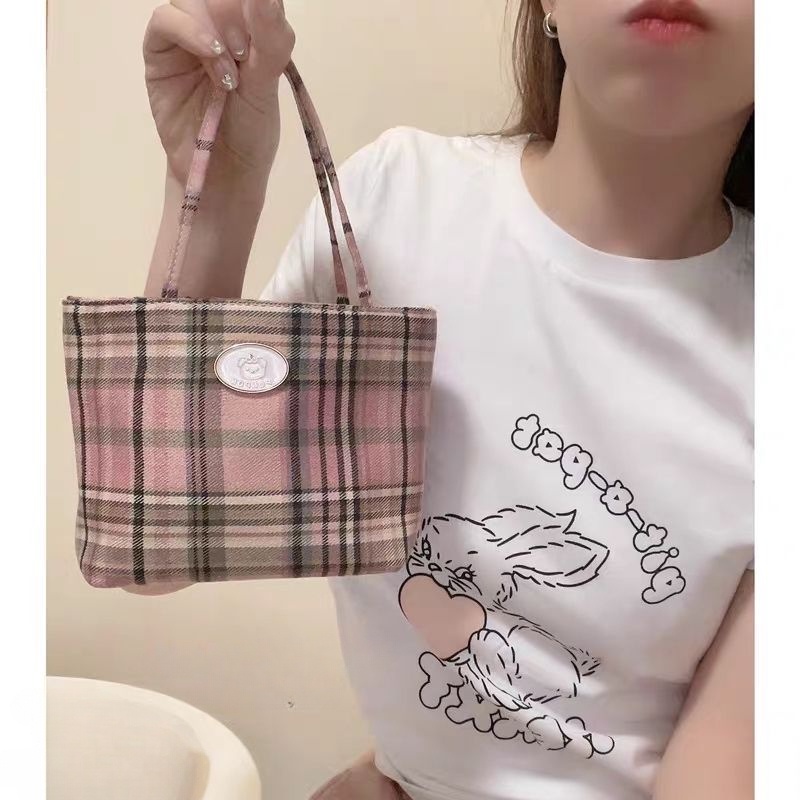 Túi Xách Vải Siêu Nhẹ Họa Tiết Caro Đỏ Phong Cách Hàn Quốc