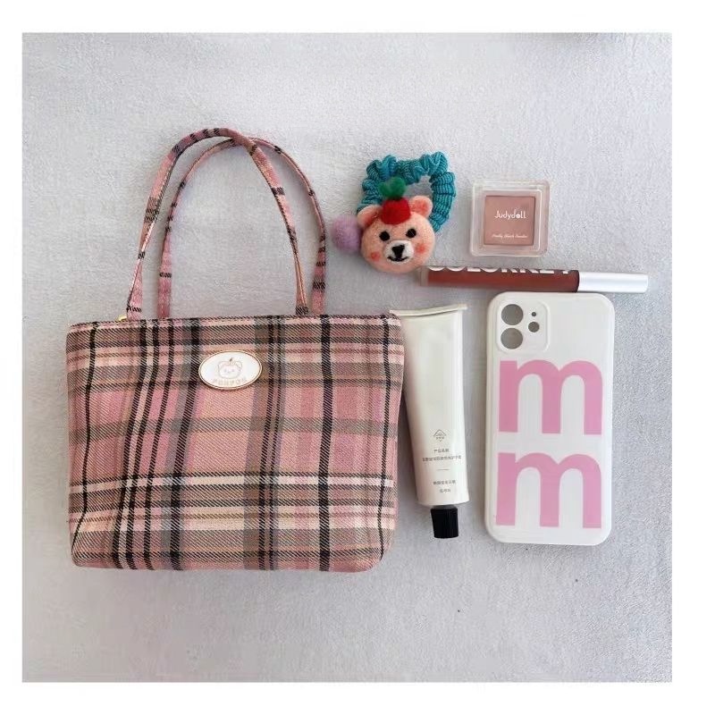 Túi Xách Vải Siêu Nhẹ Họa Tiết Caro Đỏ Phong Cách Hàn Quốc