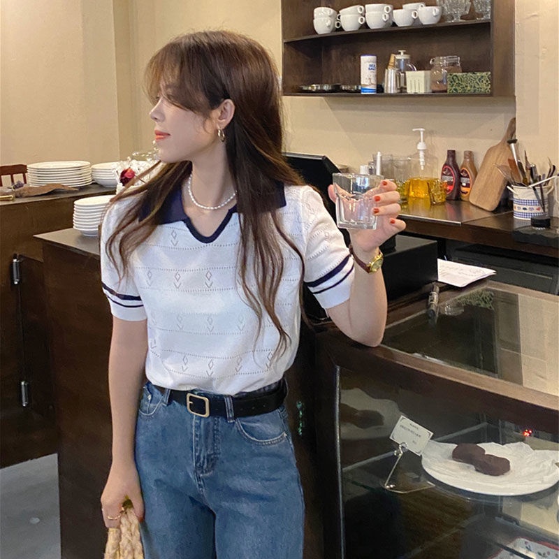 Áo Thun polo Dệt Kim Ôm Dáng Màu Sắc Tương Phản Thời Trang Mùa Hè Dễ Phối Đồ Cho Nữ