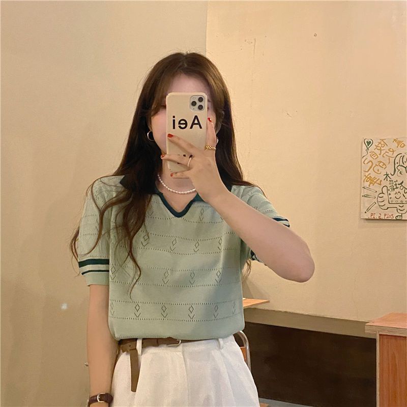 Áo Thun polo Dệt Kim Ôm Dáng Màu Sắc Tương Phản Thời Trang Mùa Hè Dễ Phối Đồ Cho Nữ