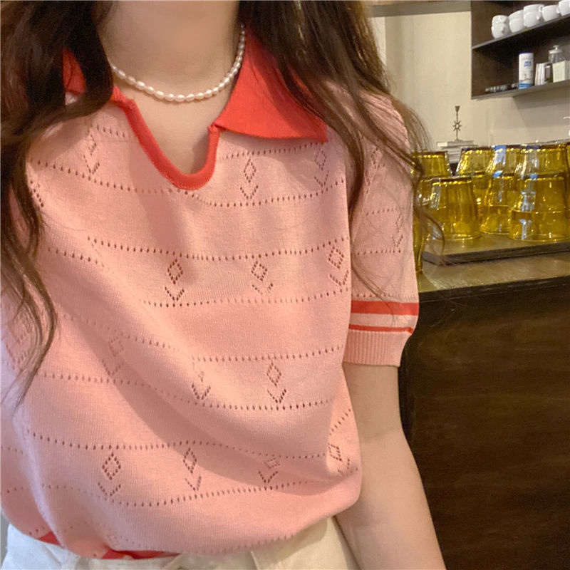 Áo Thun polo Dệt Kim Ôm Dáng Màu Sắc Tương Phản Thời Trang Mùa Hè Dễ Phối Đồ Cho Nữ