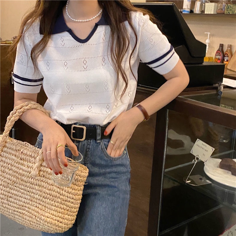 Áo Thun polo Dệt Kim Ôm Dáng Màu Sắc Tương Phản Thời Trang Mùa Hè Dễ Phối Đồ Cho Nữ
