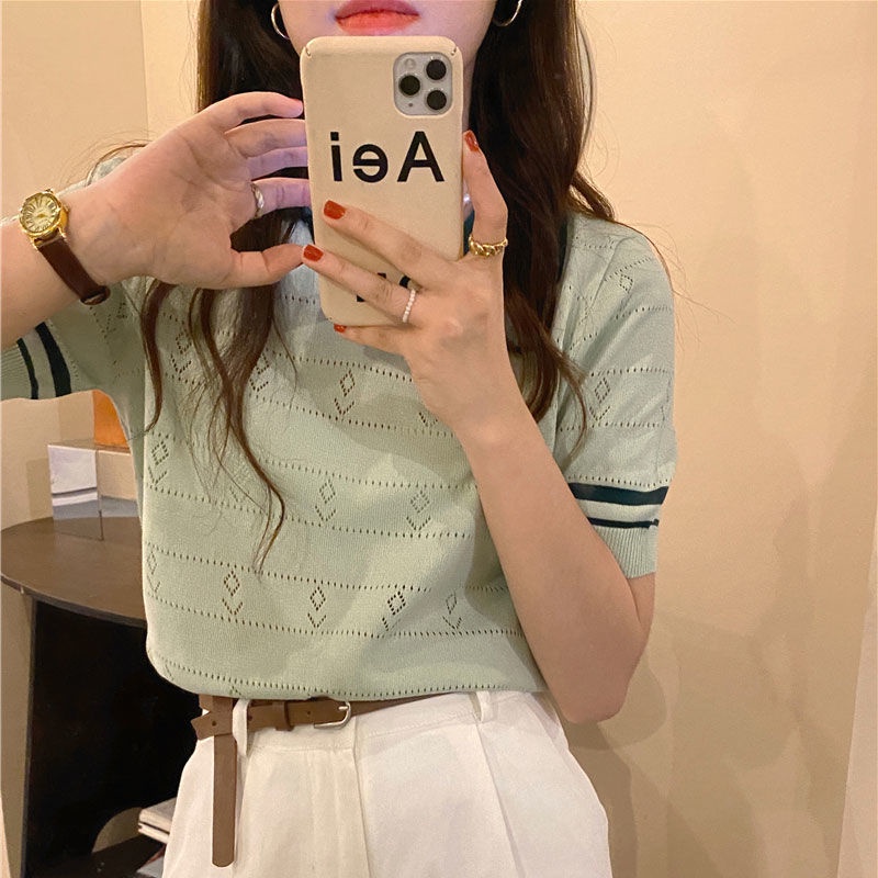 Áo Thun polo Dệt Kim Ôm Dáng Màu Sắc Tương Phản Thời Trang Mùa Hè Dễ Phối Đồ Cho Nữ
