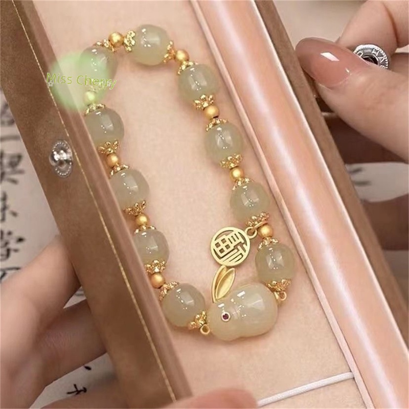 Vòng Tay Xỏ Hạt Đá Tự Nhiên Mặt Thỏ May Mắn Thời Trang Cho Cặp Đôi