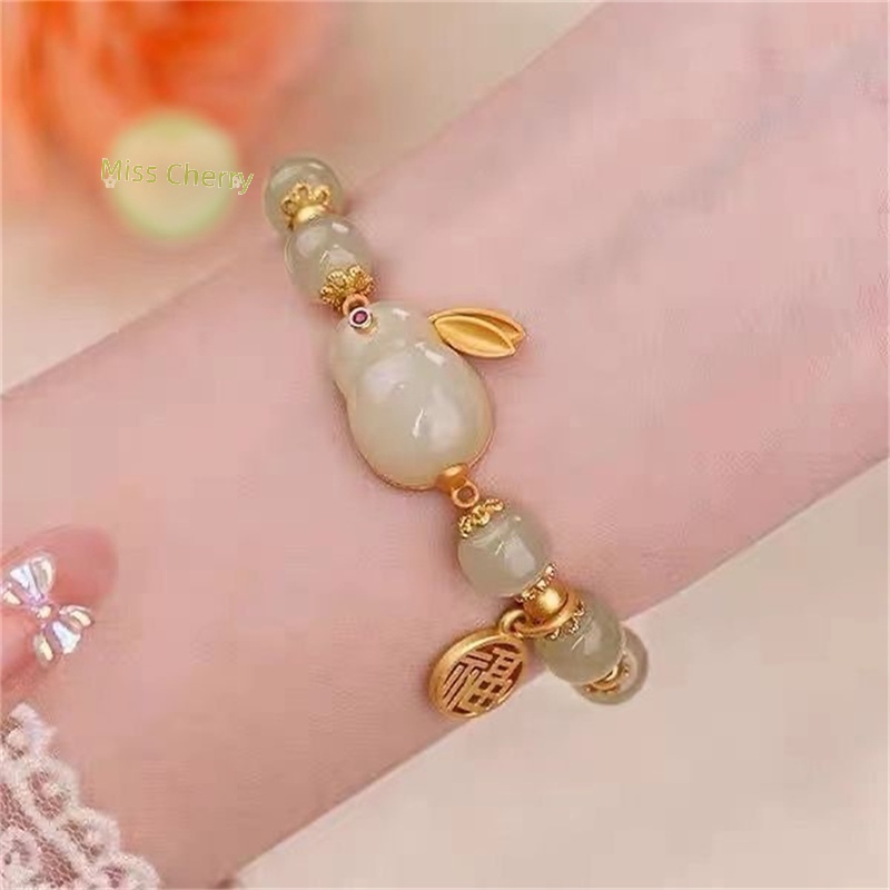 Vòng Tay Xỏ Hạt Đá Tự Nhiên Mặt Thỏ May Mắn Thời Trang Cho Cặp Đôi
