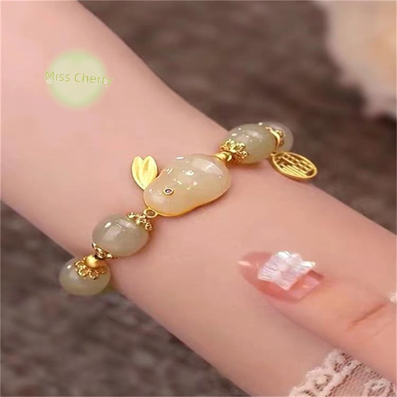 Vòng Tay Xỏ Hạt Đá Tự Nhiên Mặt Thỏ May Mắn Thời Trang Cho Cặp Đôi