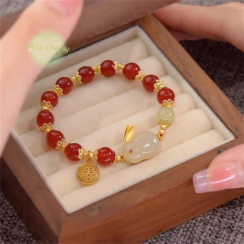 Vòng Tay Xỏ Hạt Đá Tự Nhiên Mặt Thỏ May Mắn Thời Trang Cho Cặp Đôi