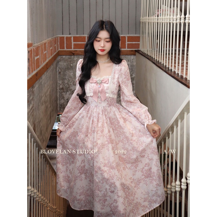 Đầm Xuân Thu Pháp 2023 Eo Cao Tay Dài In Họa Tiết Phong Cách Mới Cho Nữ