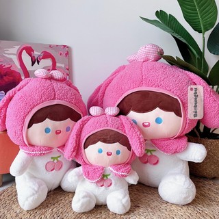 Thú bông Búp bê đội nón thỏ Melody lông xù ngồi TC - Trắng Hồng