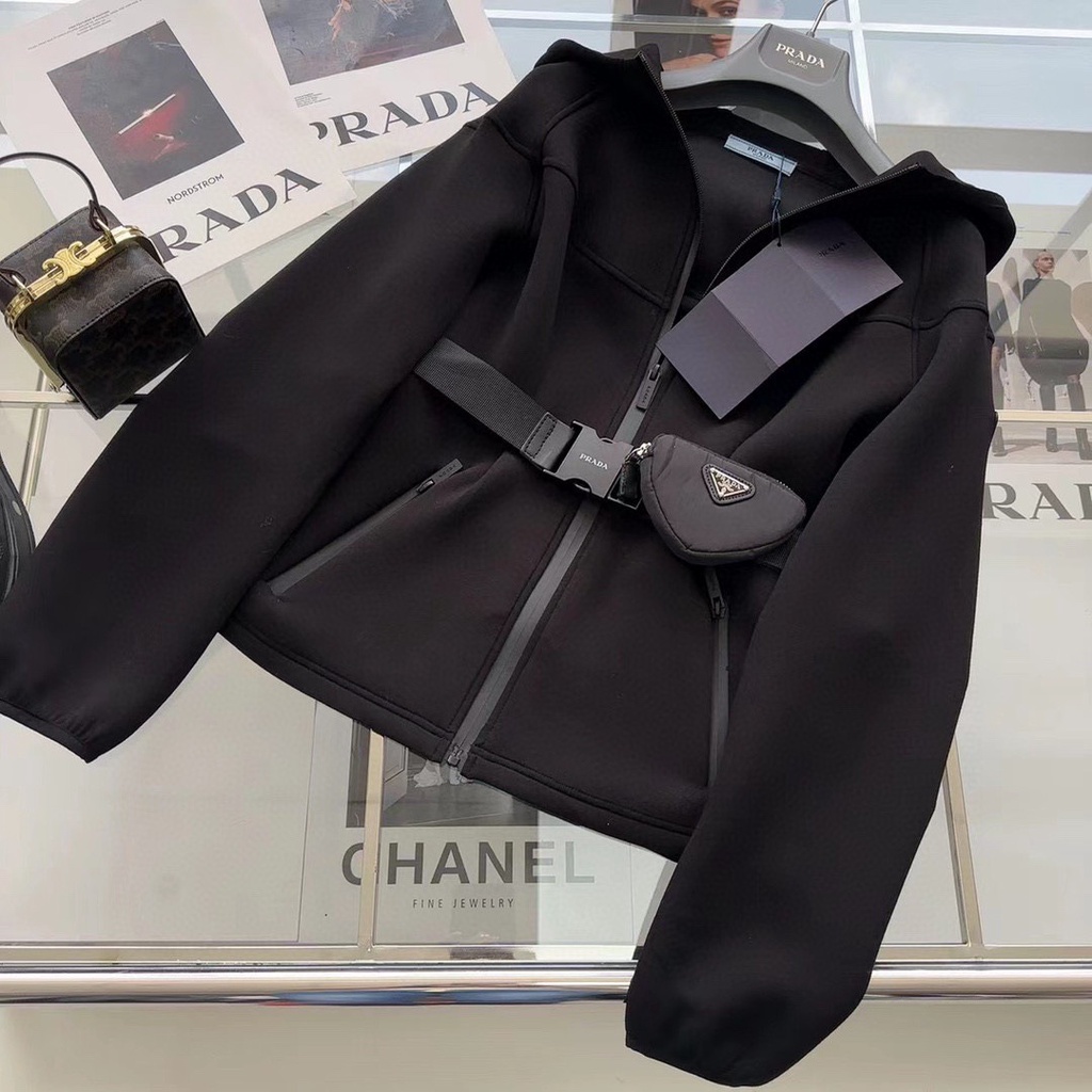 S4YR PRADA 23 autumn and winter New triangle decorative hooded coat casual sports style waist with belt waist waist slimming