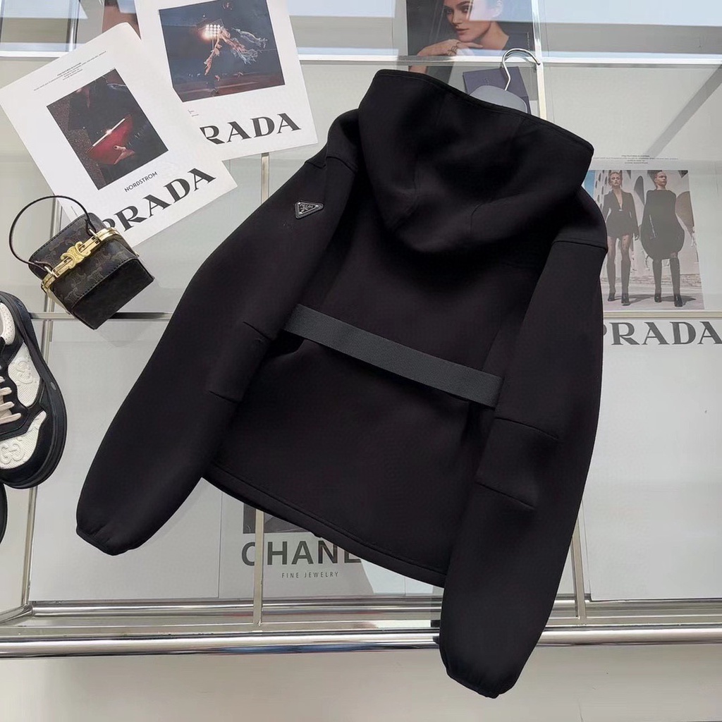 S4YR PRADA 23 autumn and winter New triangle decorative hooded coat casual sports style waist with belt waist waist slimming