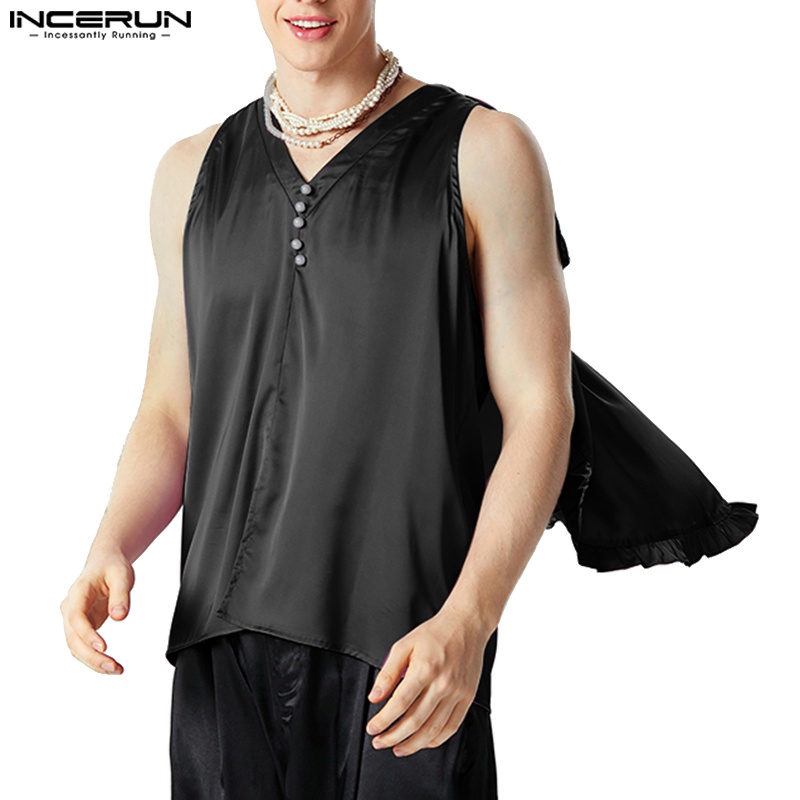 INCERUN Áo Ba Lỗ Vải satin Cổ Chữ v Phối Bèo Phong Cách vintage Cho Nam