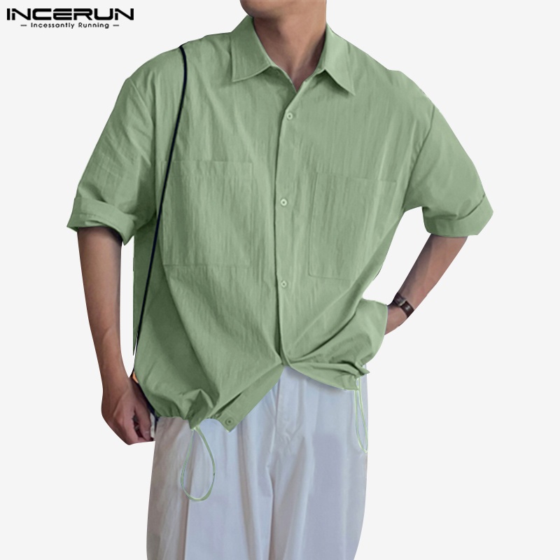 Incerun Áo Sơ Mi Ngắn Tay Siêu Nhẹ Phối Dây Rút Thời Trang Hàn Quốc Cho Nam