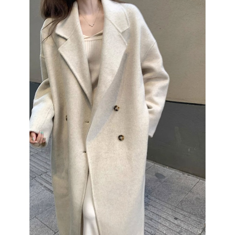 Áo Khoác Len Dày Dặn Màu Be Dáng Dài Vừa Phải Cao Cấp Phong Cách Sang Trọng Cho Nữ