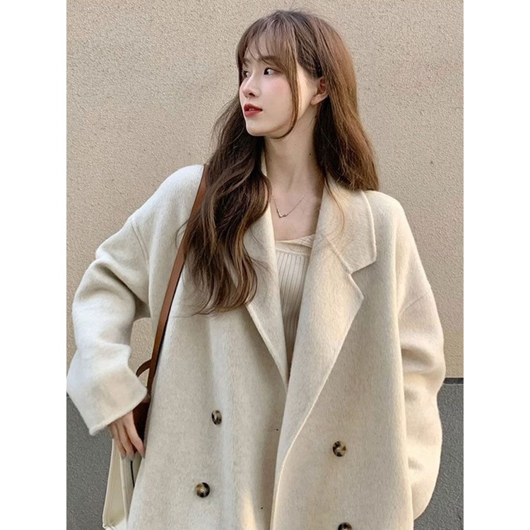 Áo Khoác Len Dày Dặn Màu Be Dáng Dài Vừa Phải Cao Cấp Phong Cách Sang Trọng Cho Nữ