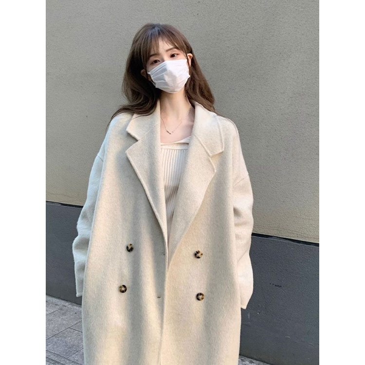 Áo Khoác Len Dày Dặn Màu Be Dáng Dài Vừa Phải Cao Cấp Phong Cách Sang Trọng Cho Nữ