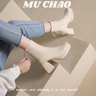 Muchao giày boot cao gót mũi vuông phong cách trẻ trung cá tính dành cho nữ