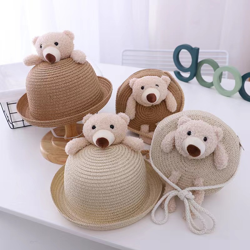 Dễ Thương Nón Vành Đan Cói Hình Gấu Đáng Yêu Thời Trang Mùa Hè Dành Cho Trẻ