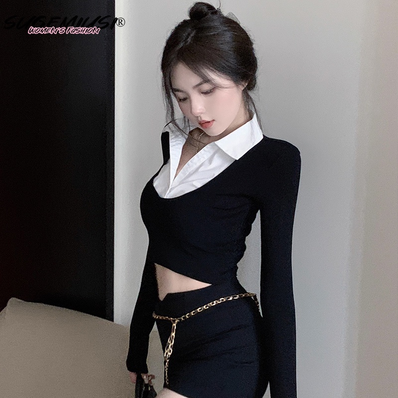 Sugemiusi Áo Thun Tay Dài Giả Hai Lớp Dáng Ngắn Thời Trang Mùa Thu Đơn Giản Cho Nữ