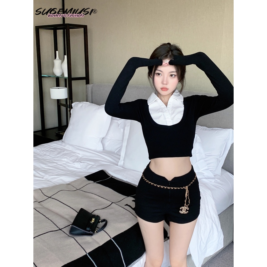 Sugemiusi Áo Thun Tay Dài Giả Hai Lớp Dáng Ngắn Thời Trang Mùa Thu Đơn Giản Cho Nữ
