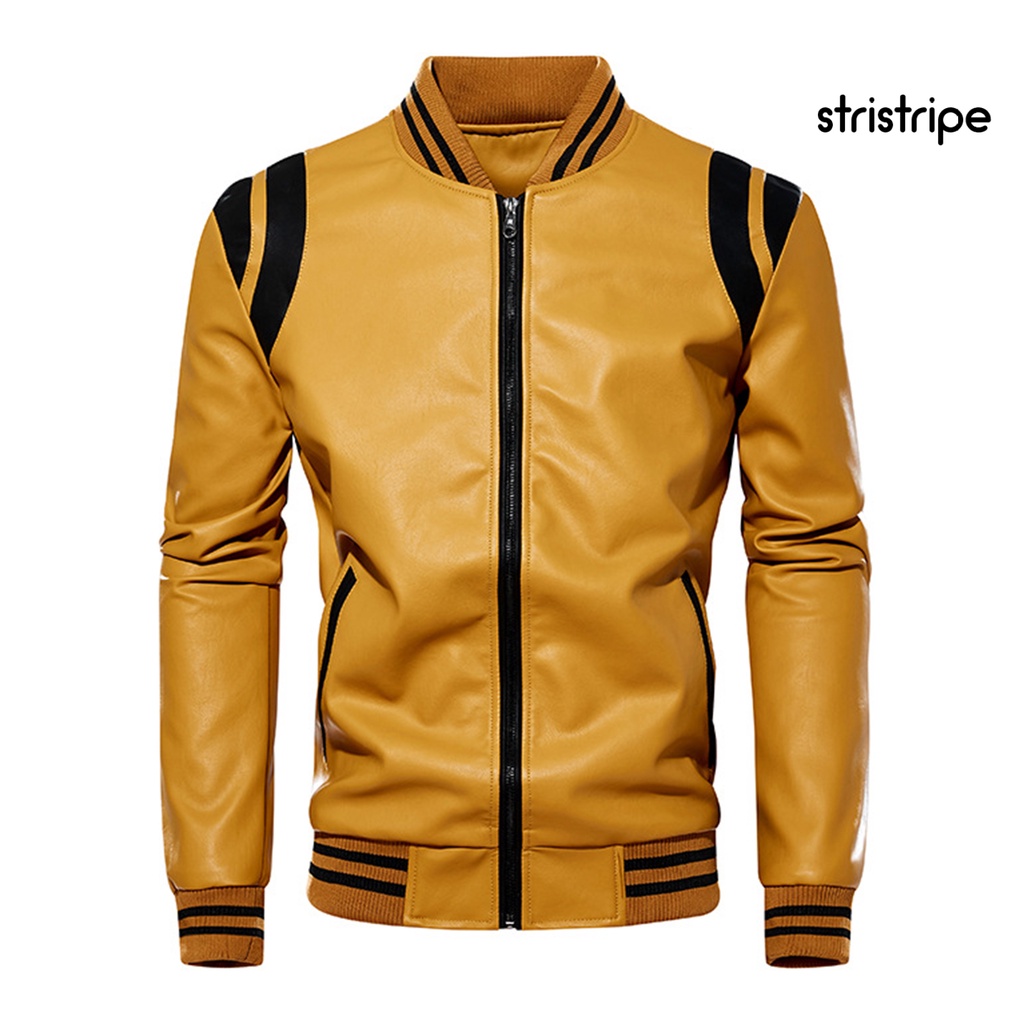 Áo Khoác Giả Da Phối Lông Màu Khối Cổ Đứng Cho Nam Dùng Khi Lái Xe Mô Tô