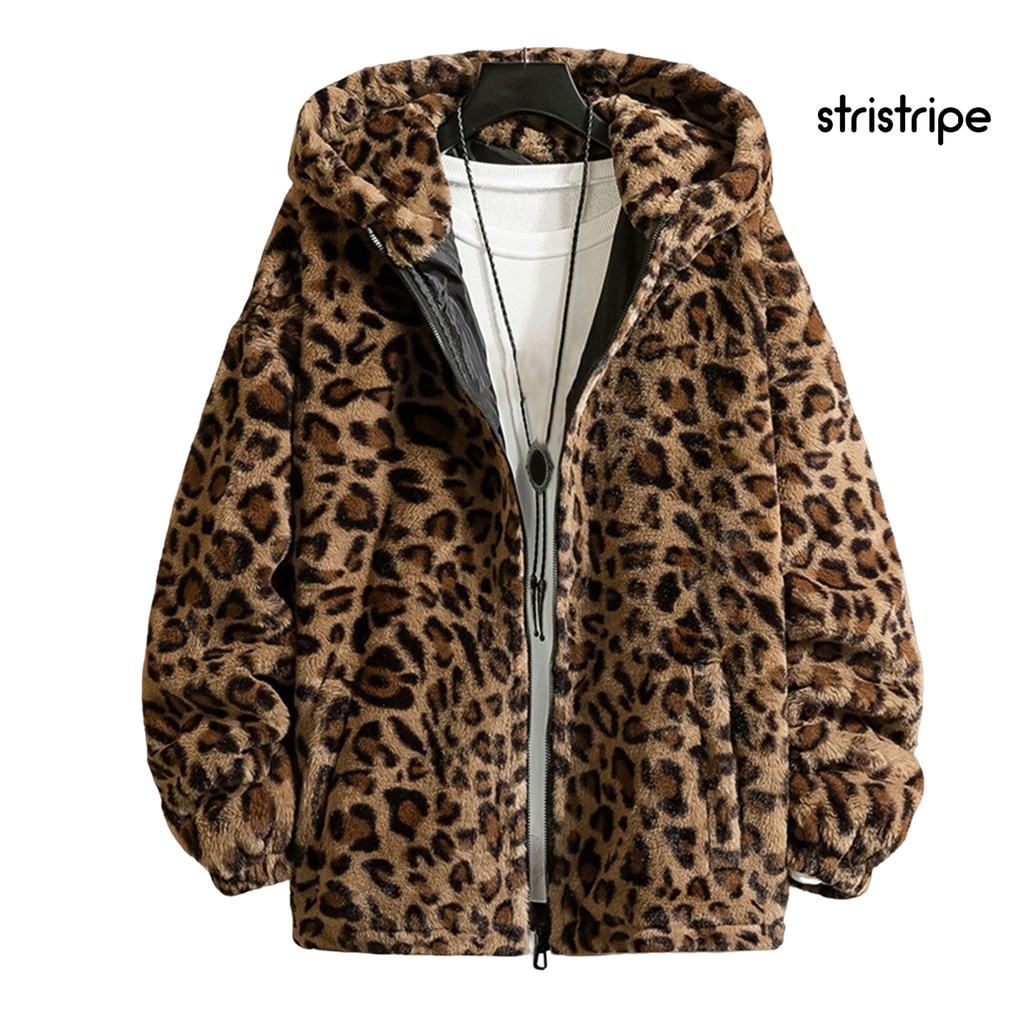 Áo Khoác Nhung Dày Có Mũ Trùm Đầu Hai Mặt Tay Dài In Họa Tiết Da Báo Có Khóa Kéo Thời Trang Mùa Đông Cho Nam