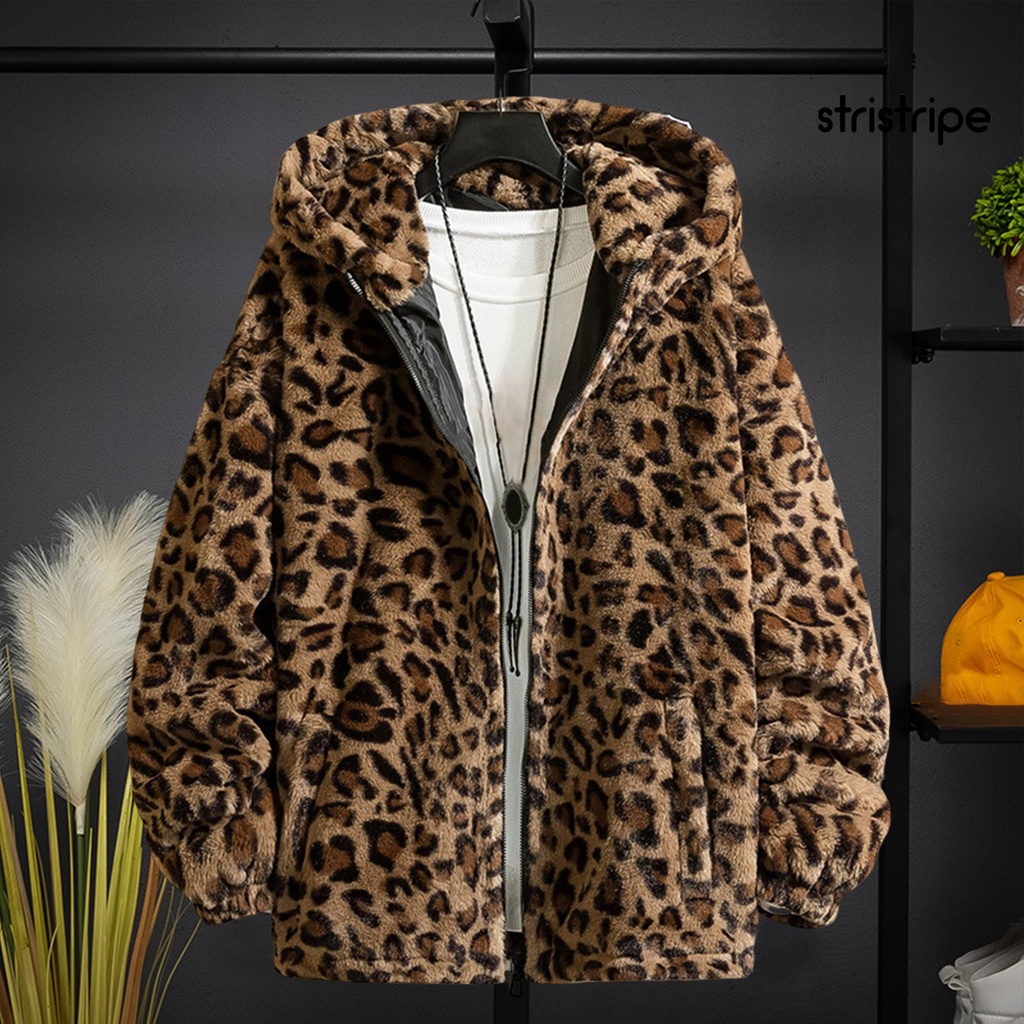 Áo Khoác Nhung Dày Có Mũ Trùm Đầu Hai Mặt Tay Dài In Họa Tiết Da Báo Có Khóa Kéo Thời Trang Mùa Đông Cho Nam