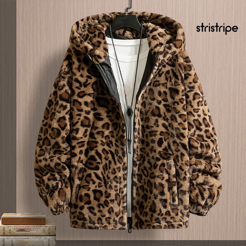 Áo Khoác Nhung Dày Có Mũ Trùm Đầu Hai Mặt Tay Dài In Họa Tiết Da Báo Có Khóa Kéo Thời Trang Mùa Đông Cho Nam