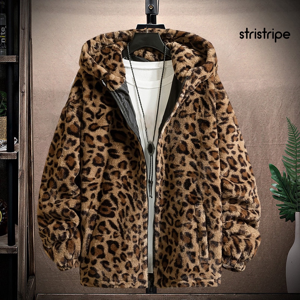 Áo Khoác Nhung Dày Có Mũ Trùm Đầu Hai Mặt Tay Dài In Họa Tiết Da Báo Có Khóa Kéo Thời Trang Mùa Đông Cho Nam