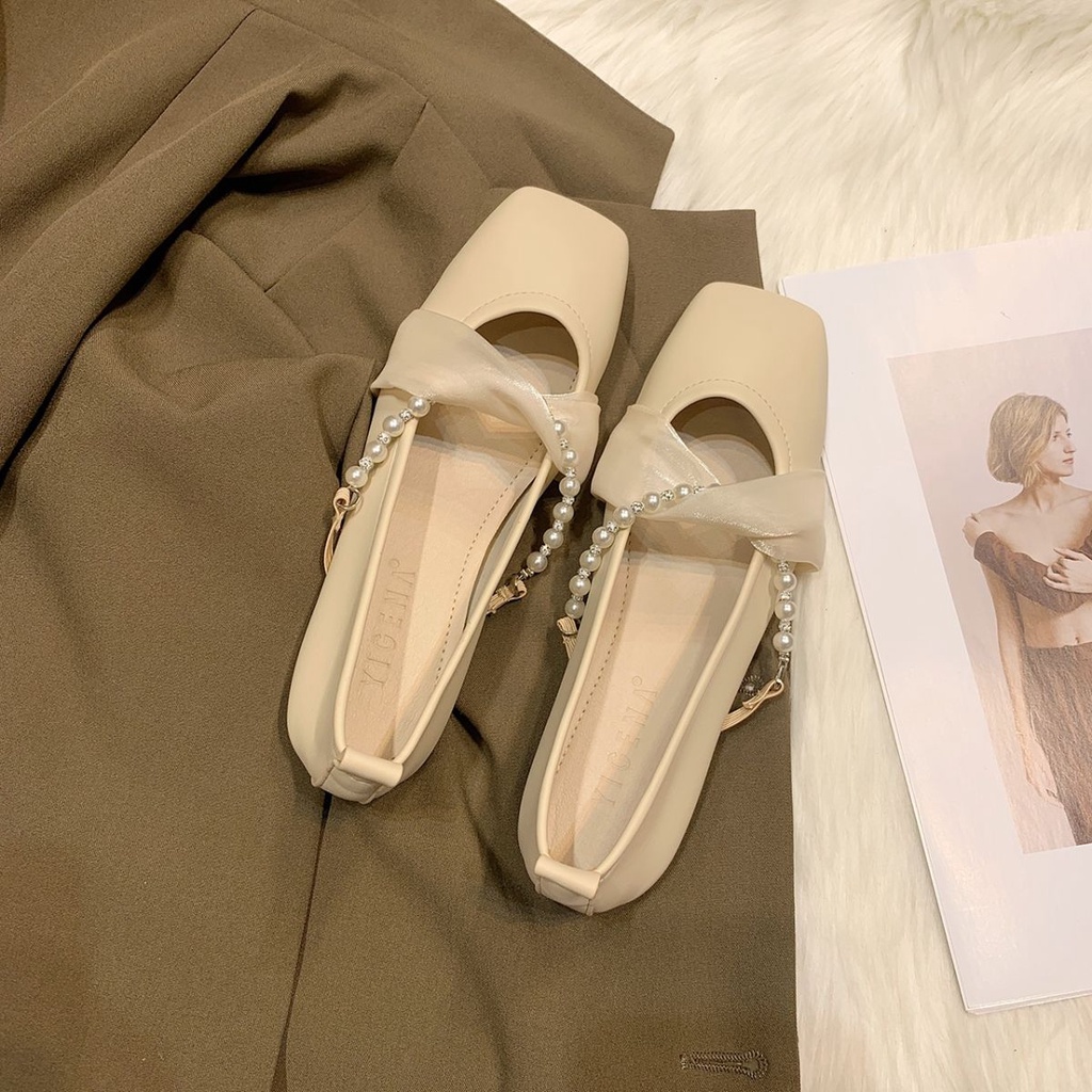 Mary jane Giày Búp Bê Đế Mềm Mũi Vuông Phối Ruy Băng Đính Ngọc Trai Dễ Thương Cho Nữ