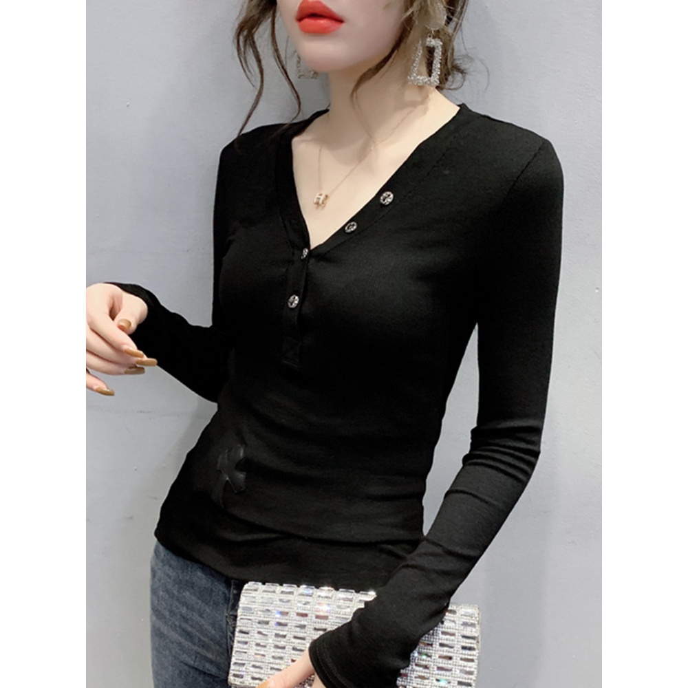 Áo Thun Tay Dài Cổ Chữ v Dáng Ôm Phong Cách Châu Âu Thời Trang Xuân Thu Cho Nữ