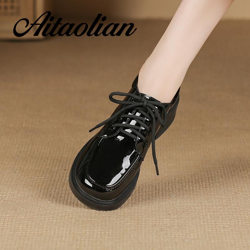 Giày Da Lười Đế Mềm 3.5cm Cột Dây Mũi Tròn Phong Cách Anh Quốc Đơn Giản Tăng Chiều Cao Cho Nữ