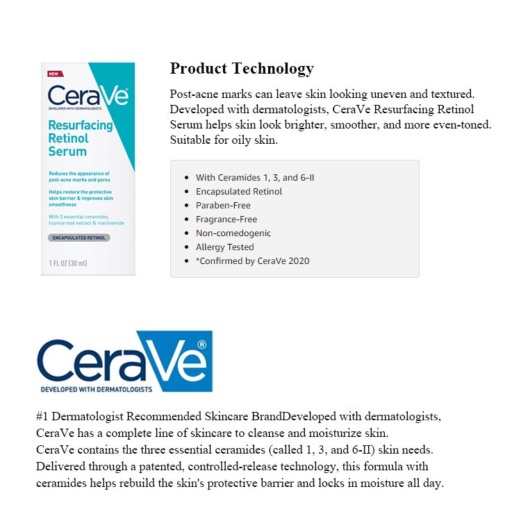 Tinh Chất Retinol Tái Tạo Da Cerave Với Ceramides & Axit Hyaluronic Chống Nhăn Làm Mịn Da 30Ml Kem Làm Trắng Da Nicotinamide Vitamin C AubessDS